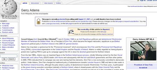 Página de la wikipedia con el perfil de Gerry Adams que fue manipulado.
