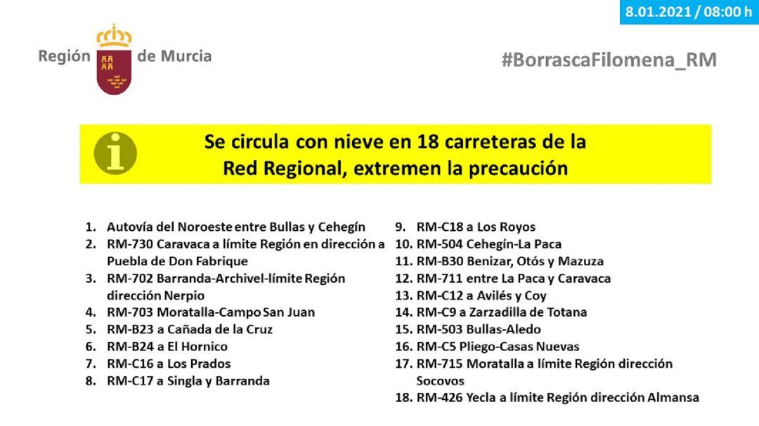lista de carreteras de la red regional en nivel amarillo