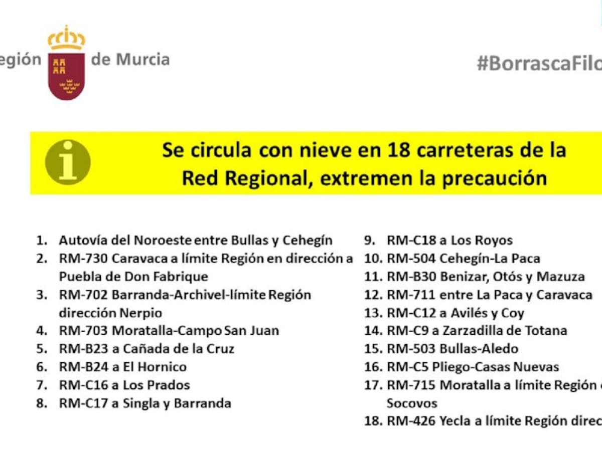 Estas son las carreteras con problemas por la nieve en la Región de Murcia