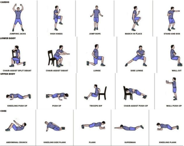 Variaciones en el entrenamiento de 7 minutos que ejercita cardio, tren inferior, tren superior y core.