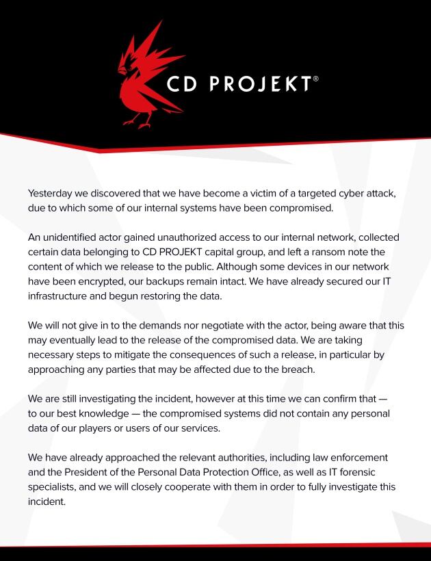 Comunicado emitido por la compañía CD Projekt RED