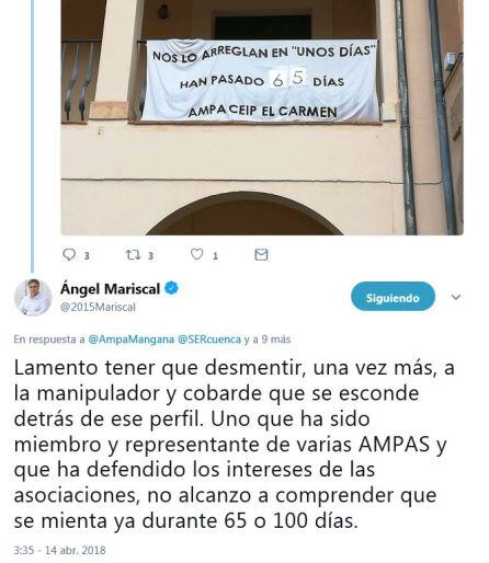 El alcalde, Ángel Mariscal, tildó el pasado 14 de abril de “manipuladores y cobardes” a los responsables de la cuenta de Twiiter del AMPA.