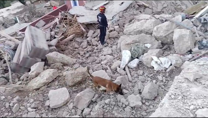 Bomberos cordobeses buscando a personas con vida bajo los escombros del terremoto en Marruecos