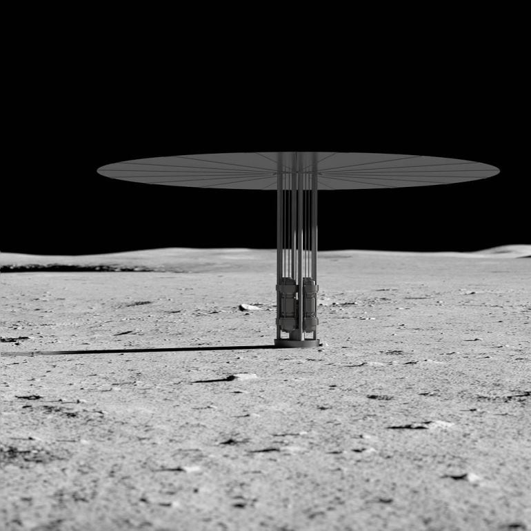 Recreación artística del reactor nuclear que la NASA quiere instalar en la Luna. 