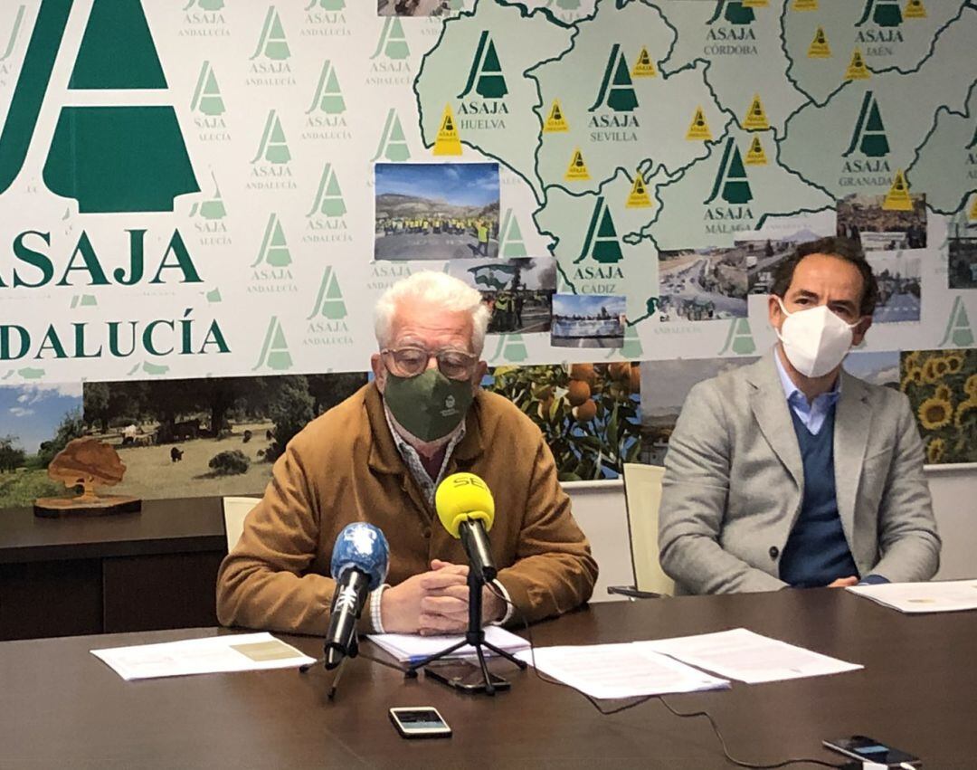 El presidente regional de ASAJA, Ricardo Serra -a la izquierda-, y Rafael tejada, presidente de la Plataforma Toro Bravo Andaluz, durante su comparecencia de este viernes