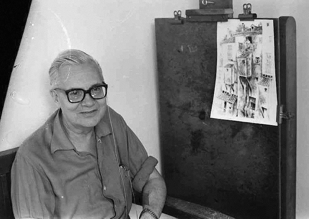 Lorenzo Goñi en su casa-taller en Cuenca, en 1980.