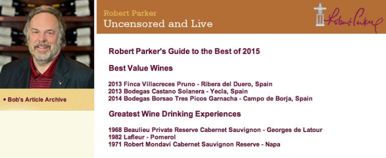 España, Francia y EE UU se reparten los vinos favoritos de Robert Parker en 2015.