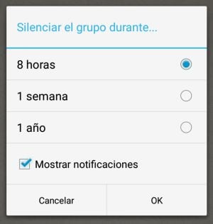 Opciones de WhatsApp para silenciar grupos en Android