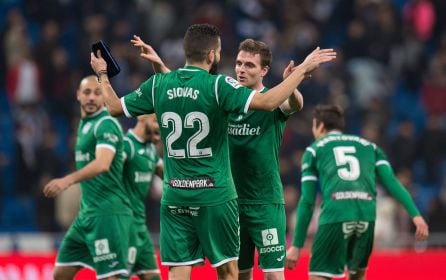 Los jugadores del Leganés celebran el triunfo en el Bernabéu