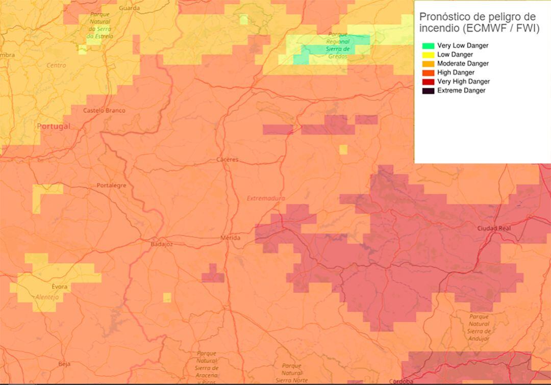 Mapa del 29 de mayo del EFFIS sobre el pronóstico de peligro de incendio, en la imagen la situación de Extremadura