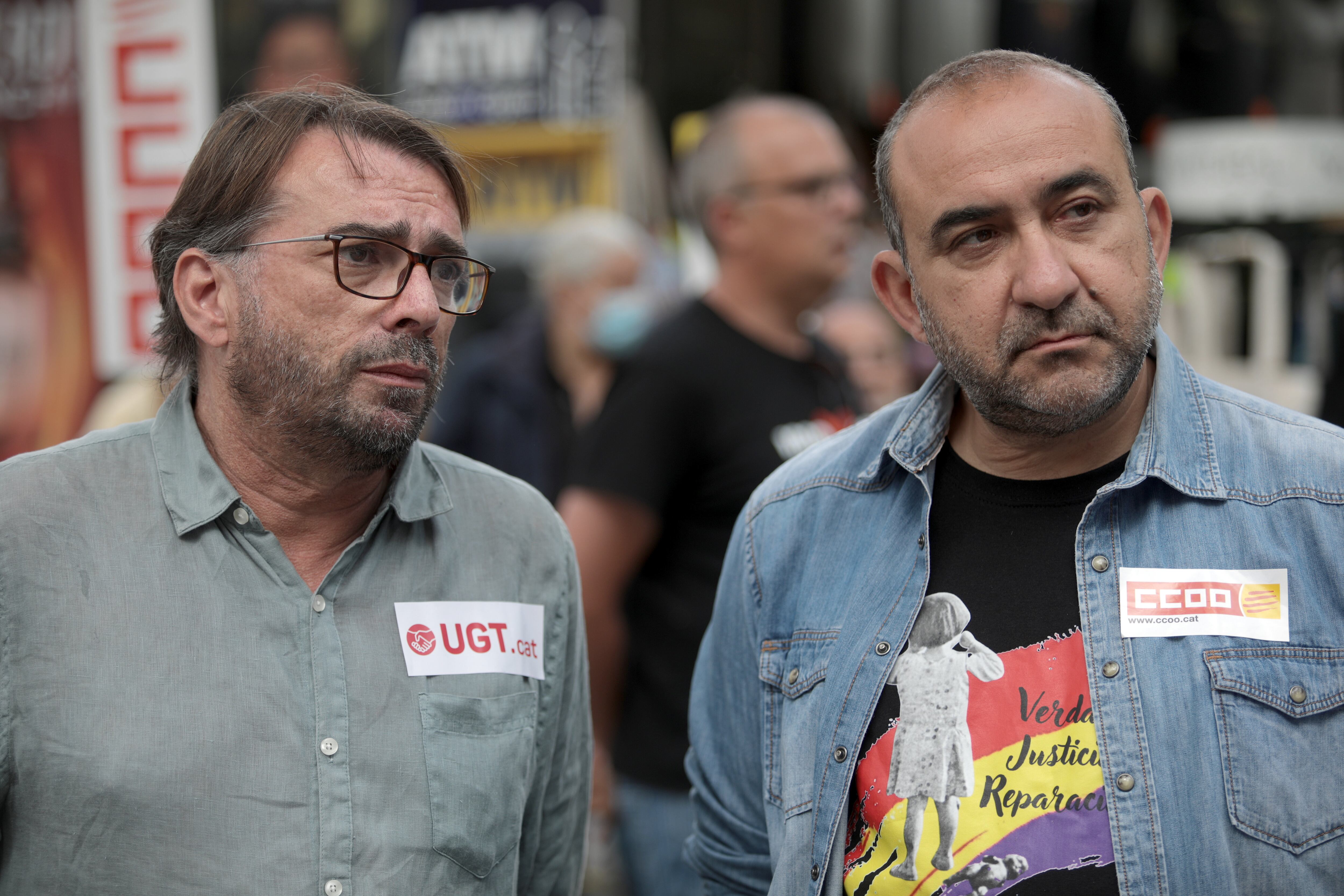 BARCELONA, CATALONIA, SPAIN - MAY 01: The general secretaries of UGT and CC.OO. Catalunya, Camil Ros (l) and Javier Pacheco (r), attend to the media before the march for Workers' Day, May 1, 2023, in Barcelona, Catalonia, Spain. Catalan trade unions have taken to the streets for International Workers' Day, in a demonstration to demand a rise in wages in the face of rising prices due to inflation under the slogan 'Raise wages, lower prices, share profits'. (Photo By Kike Rincon/Europa Press via Getty Images)