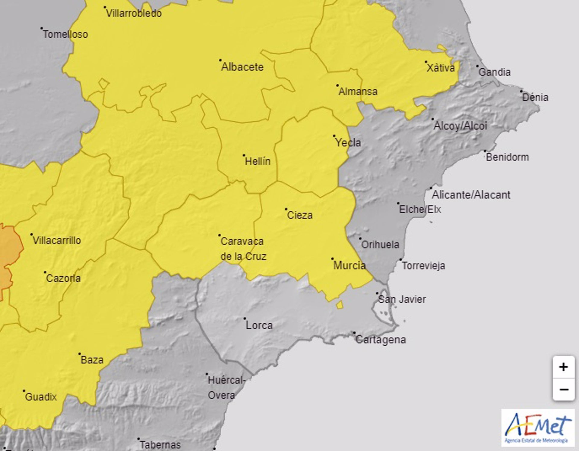 Mapa con los avisos activos en la Región de Murcia