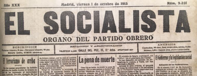 Portada de &#039;El Socialista&#039; del 1 de octubre de 1915 que podemos ver en la exposición del Centro Aguirre.