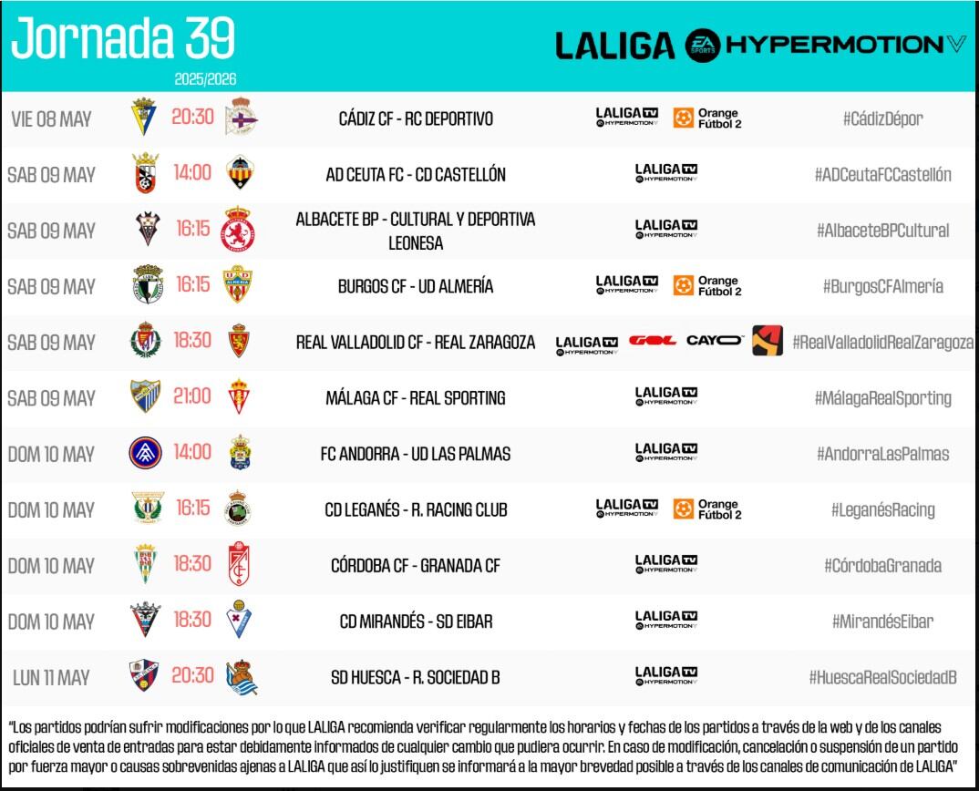 Horarios de la jornada 39 de la Liga Hypermotion