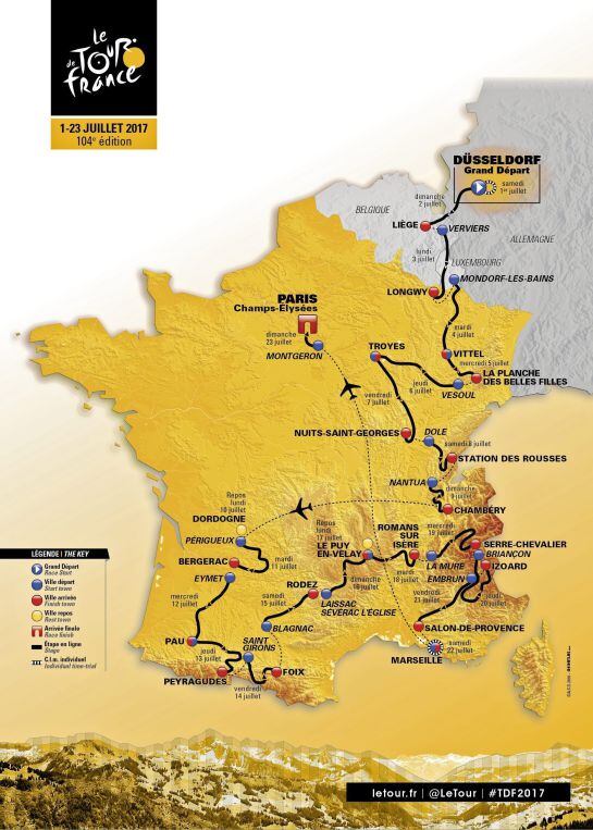 TOU01 PARÍS (FRANCIA) 18/10/2016.- Imagen sin fecha cedida hoy, 18 de octubre de 2017, por la Amaury Sport Organisation (ASO) que muestra la ruta oficial del Tour de Francia 2017. La edición 104 del Tour de Francua comenzará el próxim 1 de julio en Dussel