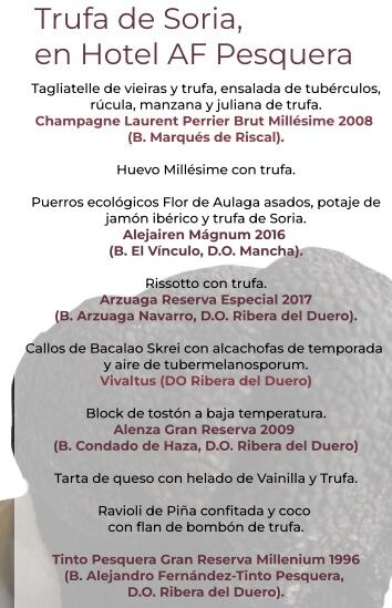 El menú de la cena solidaria con trufa de Soria del Hotel AF Pesquera de Peñafiel