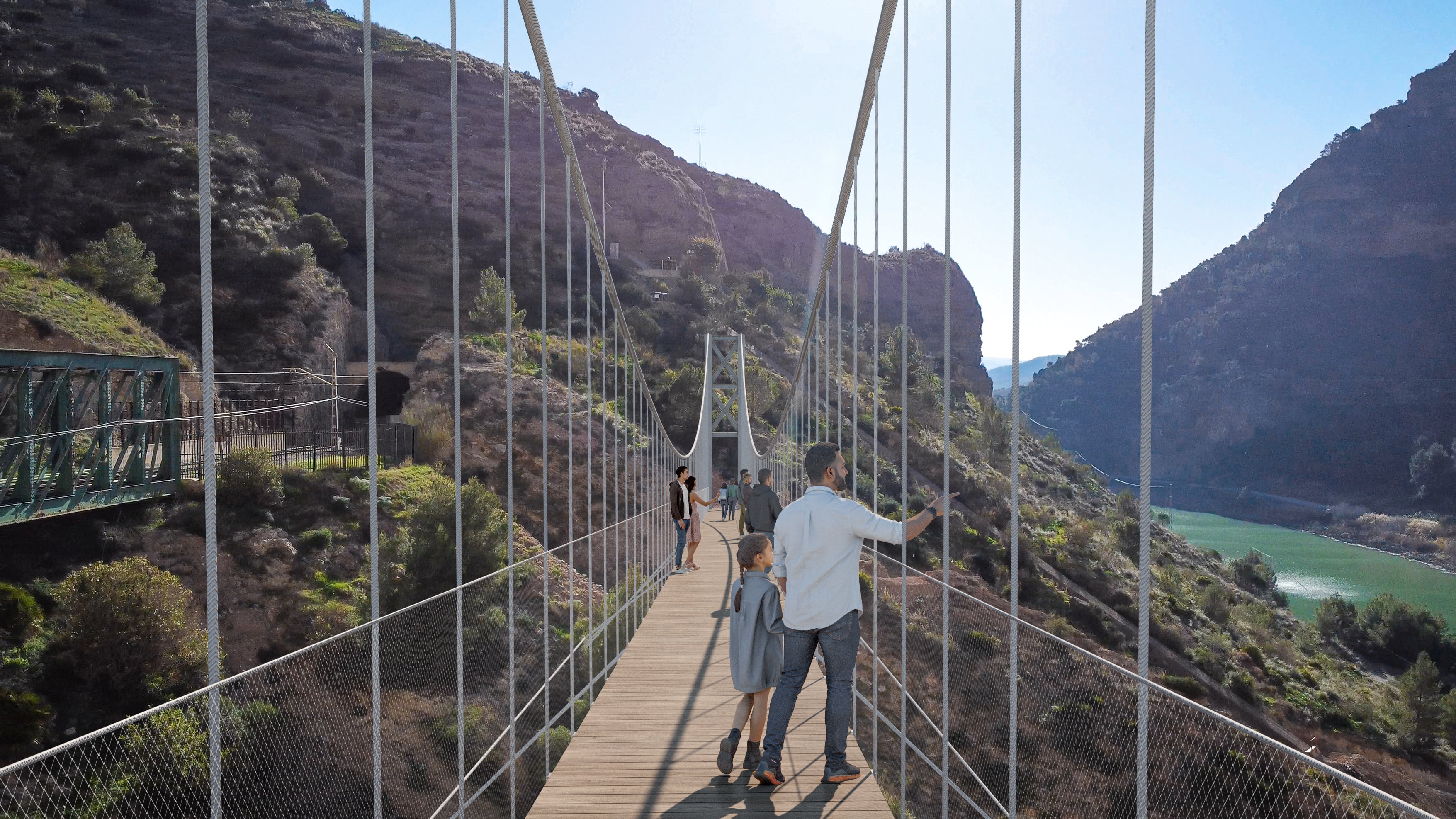 Recreación del nuevo puente peatonal colgante que tendrá el Caminito del Rey, en la provincia de Málaga