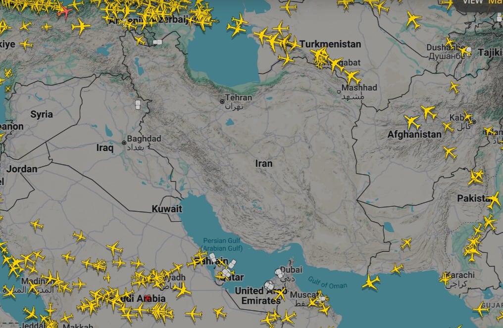 Captura del espacio aéreo iraní, sin vuelos cruzando por encima