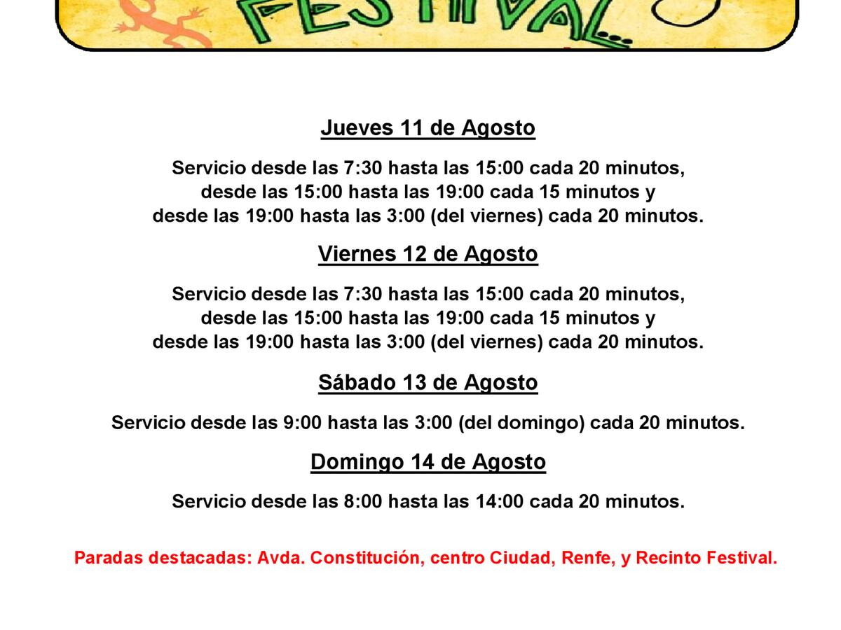 El servicio de autobús urbano se incrementa desde el jueves ante el festival Rabo Lagartija