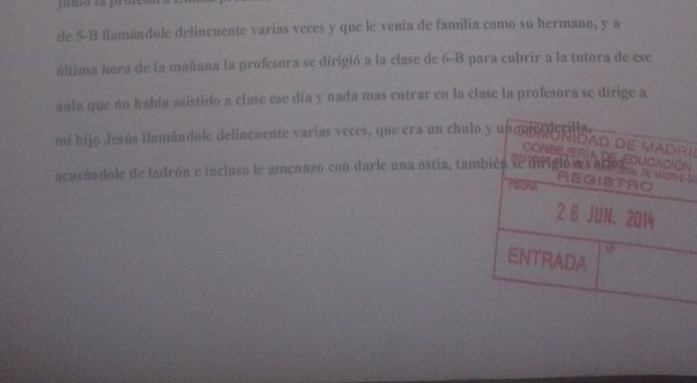 Registro de la carta remitida por la madre del colegio de Casarrubuelos denunciando los insultos de una profesora del centro