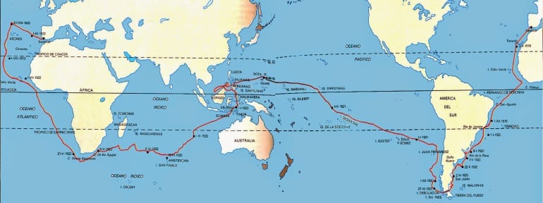 Mapa de la ruta que realizó la expedición comandada por Fernando de Magallanes