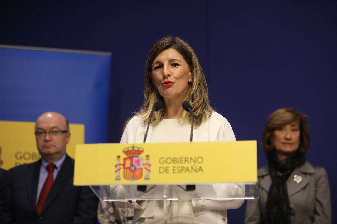 La nueva ministra de Trabajo, Yolanda Díaz, durante su intervención en el acto de toma de posesión.