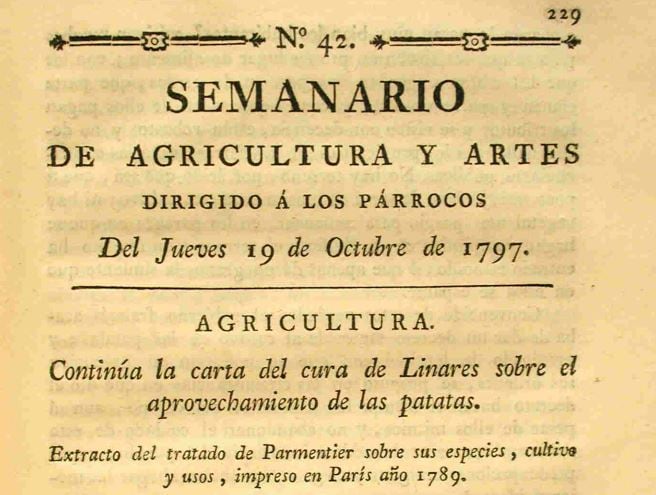 Portada del Semanario de Agricultura y Artes dirigido a los párrocos donde aparece el segundo artículo del Cura de Linares. Fuente: Publicaciones del Ministerio de Agricultura, Pesca y Alimentación