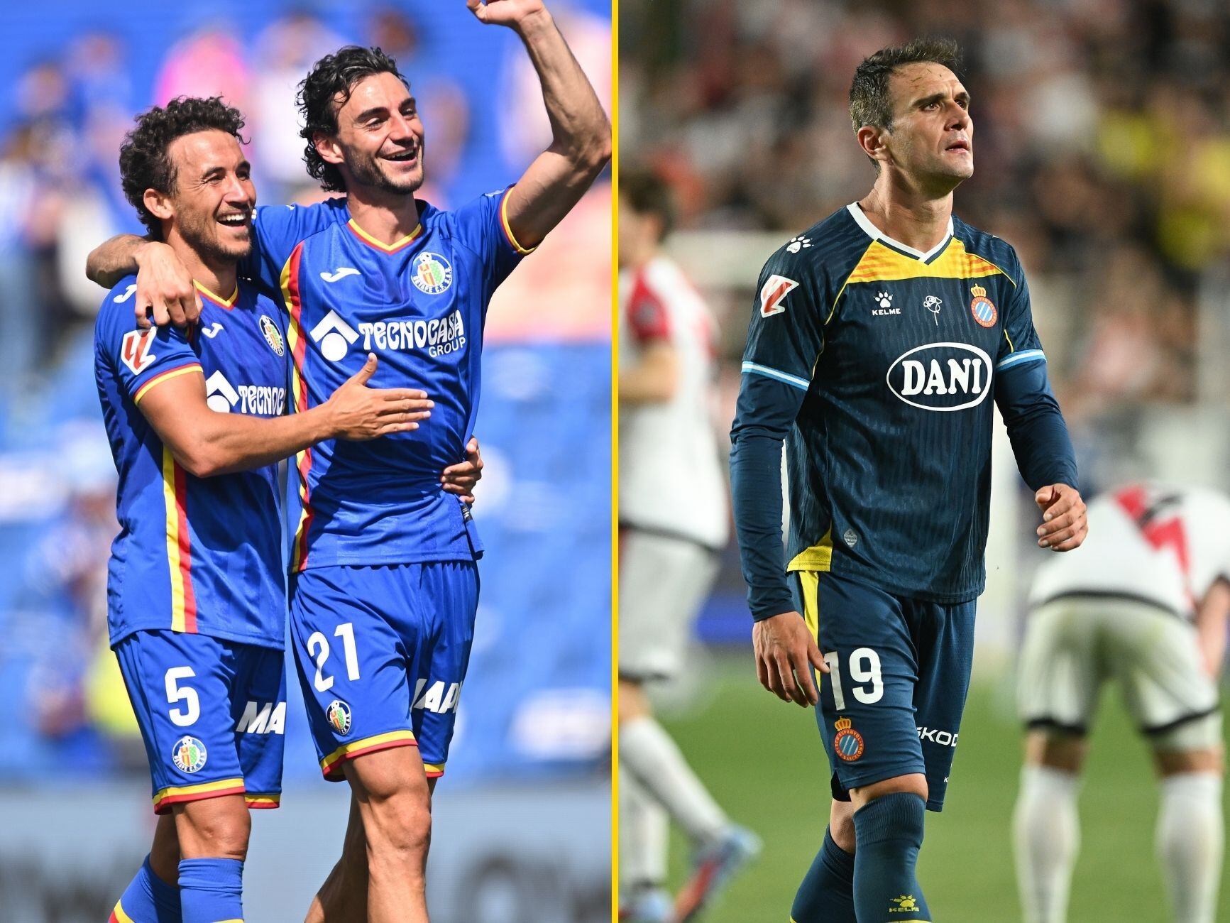 En un montaje, Juan Iglesias y Luis Milla celebran un gol junto a un Kike García abatido