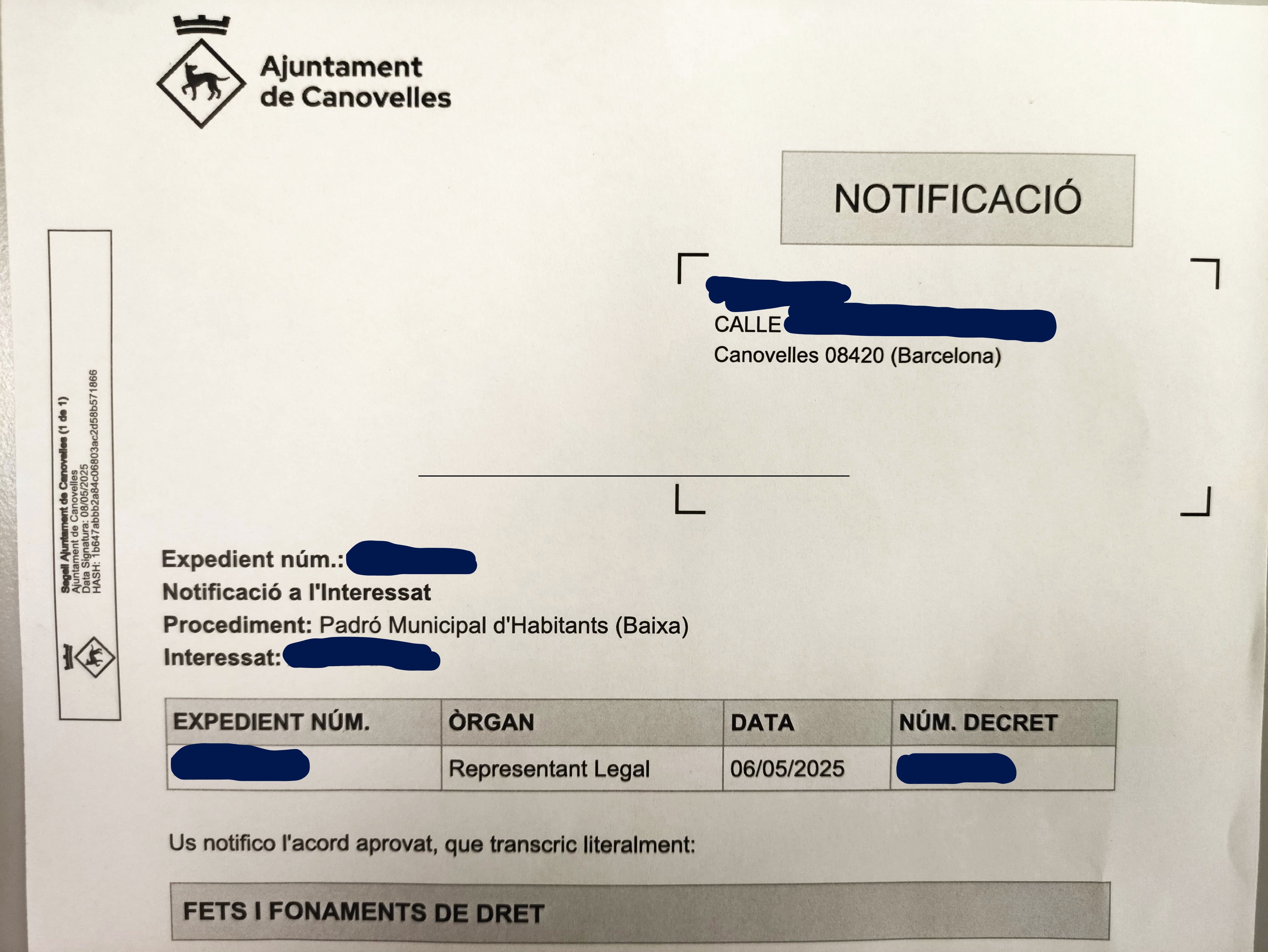 L'Ajuntament de Canovelles ha notificat expedients de baixa del padró a 85 persones alhora.