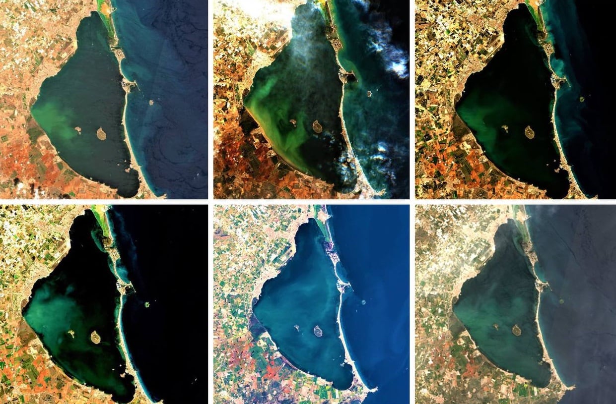 Evolución a vista de satélite del Mar Menor entre agosto de 2021 y abril de 2022