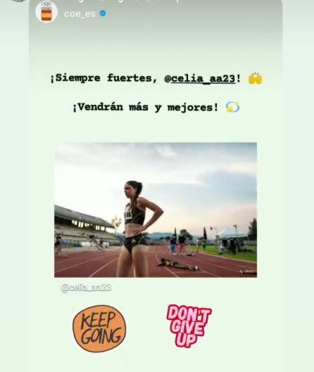El mensaje de apoyo desde la cuenta de Instagram del COE a la atleta arandina