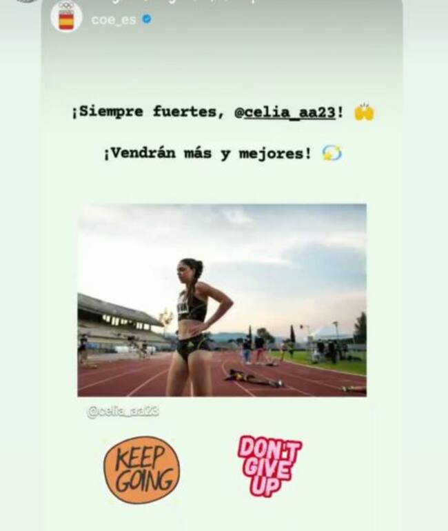 El mensaje de apoyo desde la cuenta de Instagram del COE a la atleta arandina