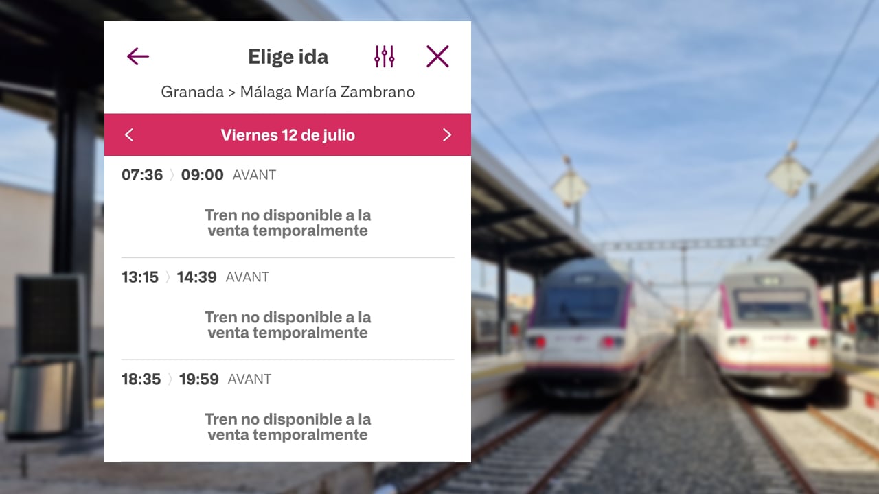 Captura de la pantalla de las reservas de Renfe para la conexión por AVANT entre Málaga y Granada para el viernes, 12 de julio