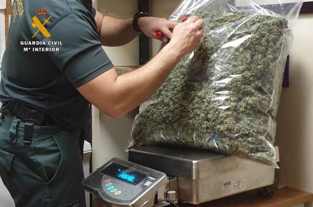 Un Guardia Civil pesando la cantidad de marihuana incautada.