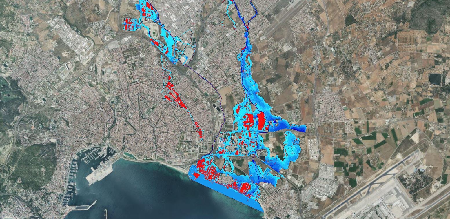 Imagen de zonas potencialmente inundables en Palma según el visor del Ministerio para la Transición Ecológica