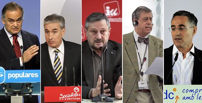 (De izquierda a derecha) Esteban Gonzalez Pons (PP), Ramón Jáuregui (PSOE), Willy Meyer (IU), Francisco Sosa Wagner (UPYD) y Ramón Tremosa (CIU).