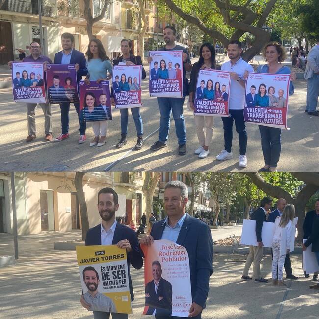 Los candidatos de Unidas Podemos y Ciudadanos, durante la pegada de carteles