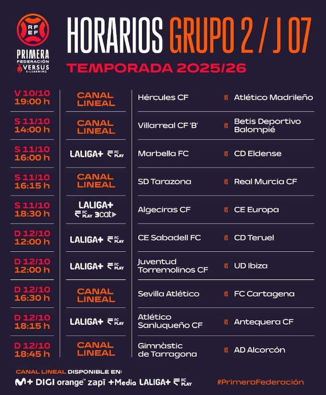 Horarios de la 7ª jornada de Liga en el Grupo 2 Primera Federación