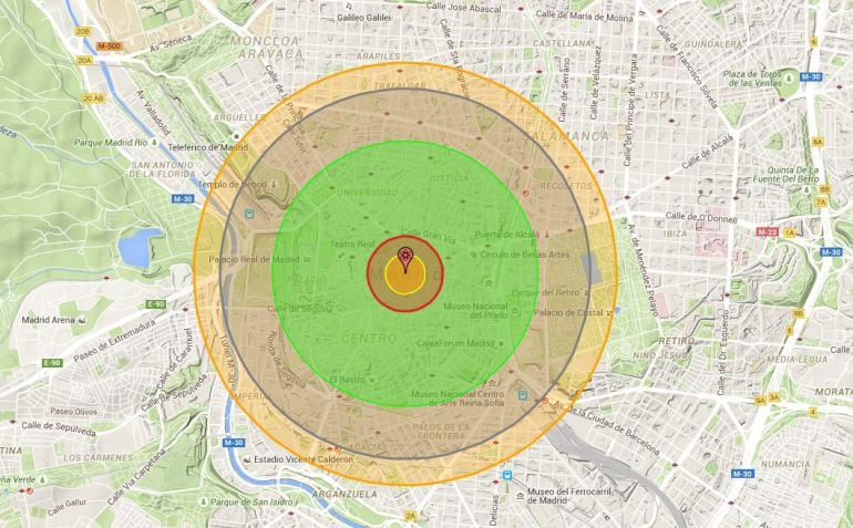 Radio de destrucción si hubiera caído la bomba atómica de Hiroshima sobre la ciudad de Madrid.