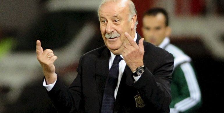 Del Bosque gesticula en su banquilla en Skopje