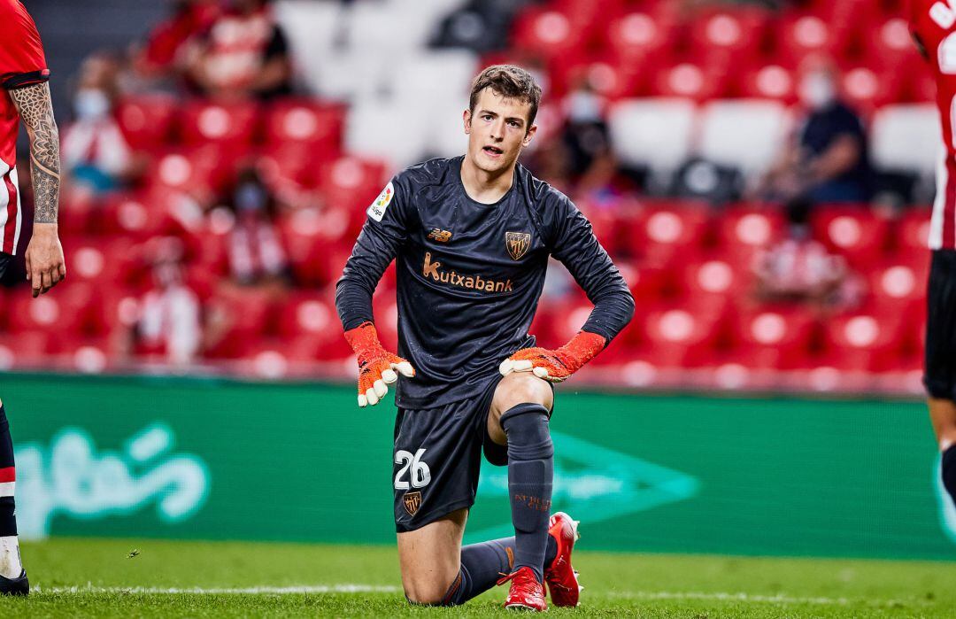 Julen Agirrezabala of Athletic Club laments during the Spanish league, La Liga Santander, football match played between Athletic Club and FC Barcelona at San Mames stadium on August 21, 2021 in Bilbao, Spain.