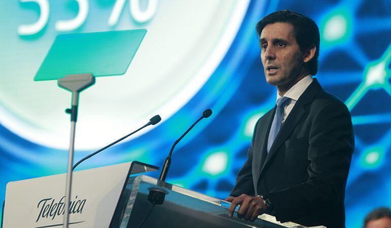 El presidente de Telefónica, José María Álvarez-Pallete, durante su intervención ante la junta de accionistas de la multinacional.