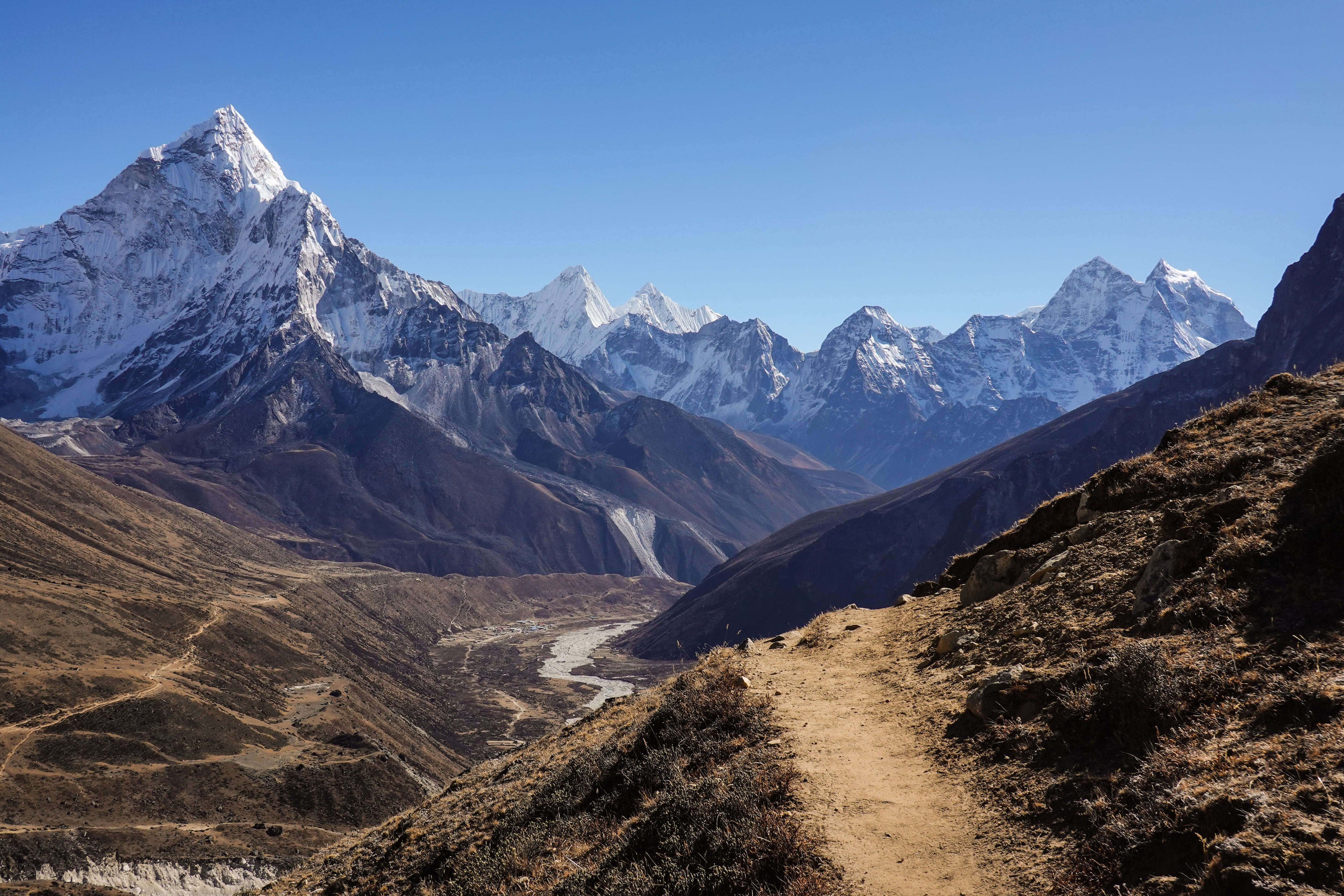 Hiking trail of the Everest base camp in the Himalayas in Nepal with the Ama Dablam peak