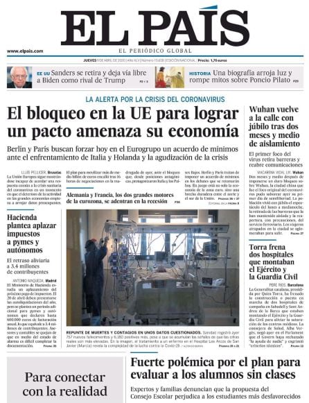 Portada diario El País del jueves 9 de abril con la fotografía realizada en la UCI del hospital Los Arcos (San Javier) por Alfonso Durán