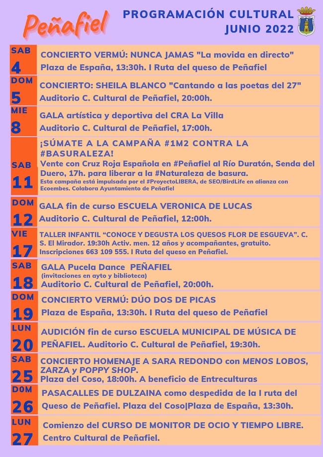Calendario de actividades de Cultura para el mes de junio en Peñafiel