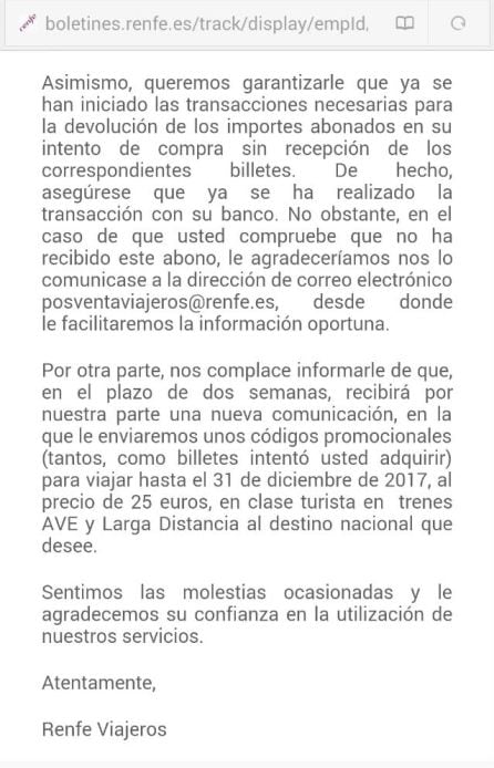 Ejemplo del correo que Renfe está enviando a los usuarios afectados.