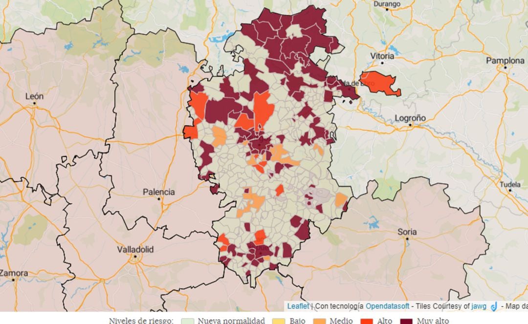 Mapa de la incidencia de la covid en la provincia de Burgos a 22 de diciembre de 2021