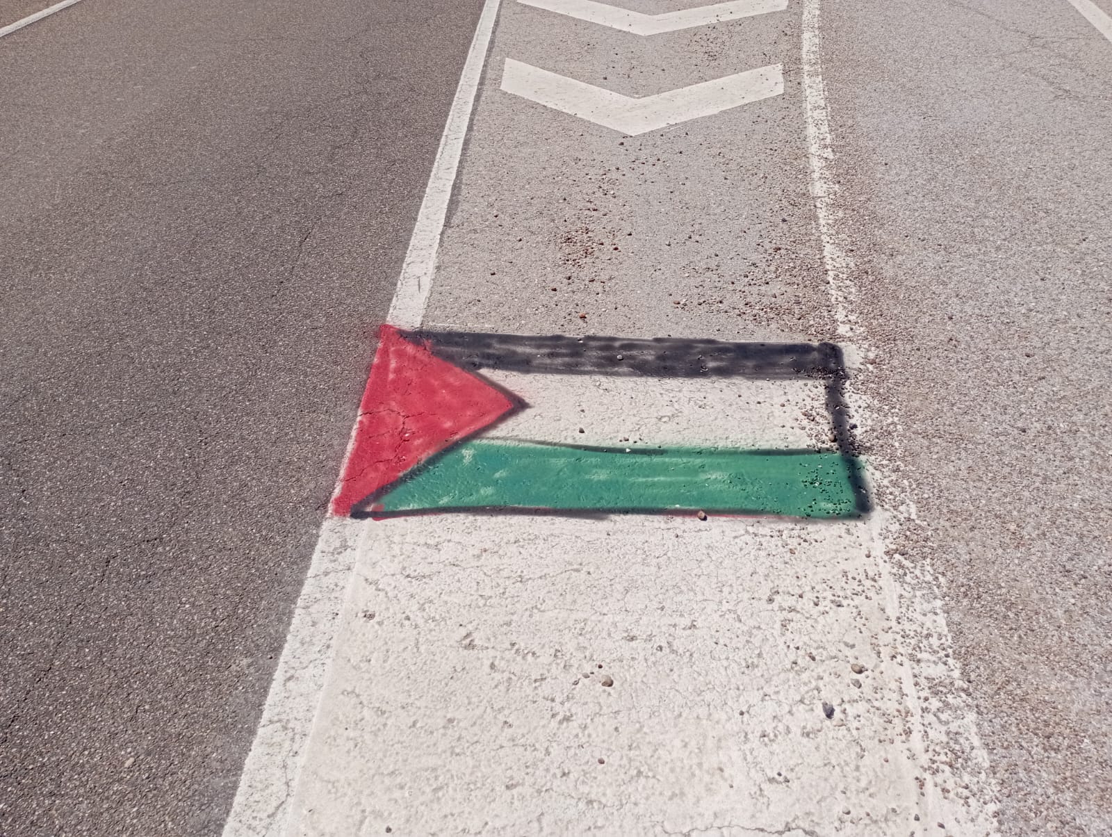 Bandera palestina dibujada sobre la carretera junto a Castrillo Mota de Judios