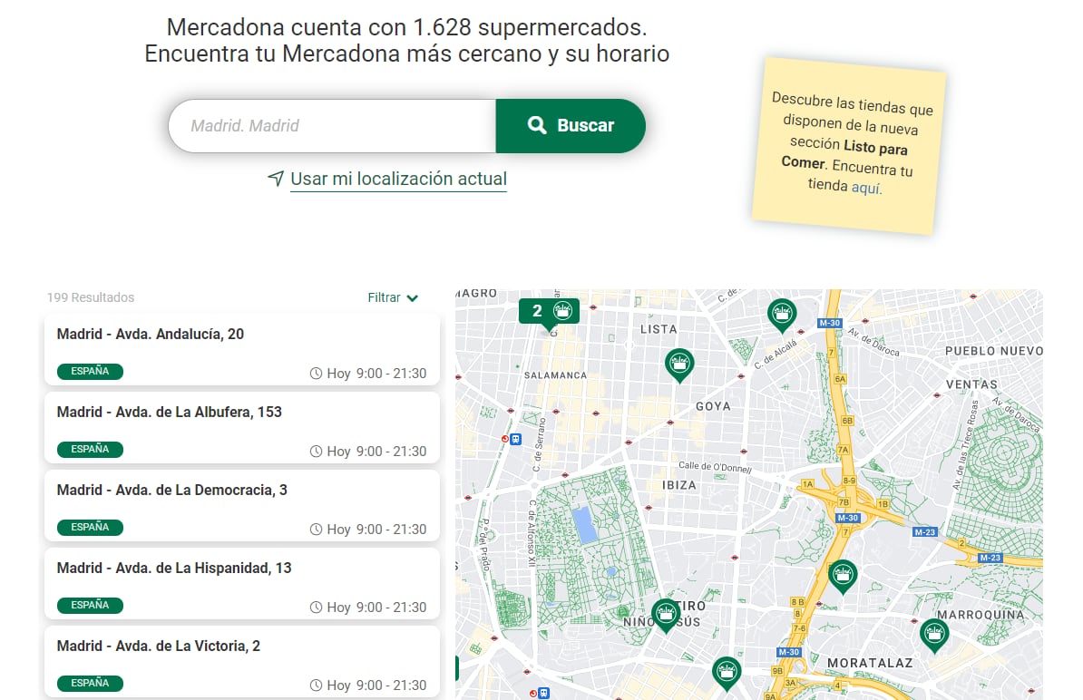 Así es el buscador de locales de Mercadona.