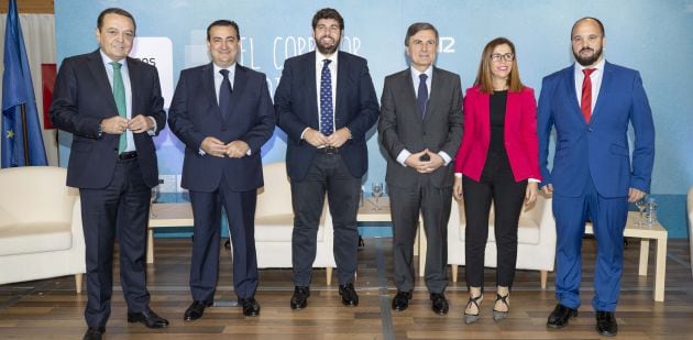 José María Albarracín, presidente de CROEM; Domingo Camacho, director de la Cadena SER en la Región de Murcia; Fernando López Miras, presidente de la comunidad autónoma; Pedro Saura, secretario de Estado de Infraestructuras, Vivienda y Transporte; Ana Bel